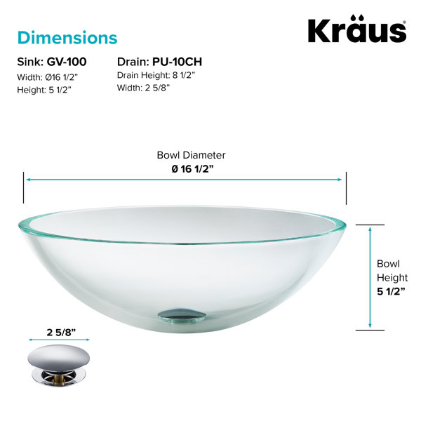 Kraus Glass Vessel Sink in Crystal Clear with PopUp Drain & Reviews